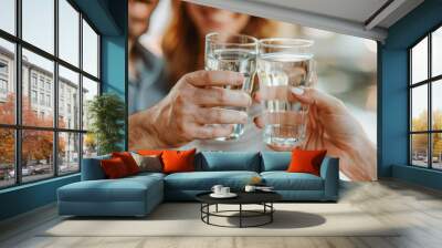 two people toasting with glasses of water, stay hydrated and drink water Wall mural