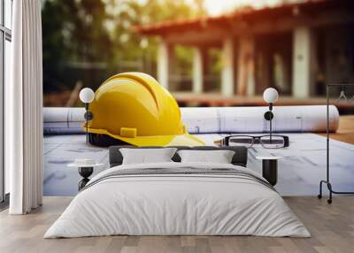 Yellow hard hat safty helmet and blueprint on a desk at construction site, engineering and construction industry concept. Wall mural