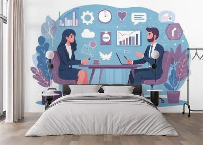 Flat vector illustration of a team of professional business meeting discussion  Wall mural