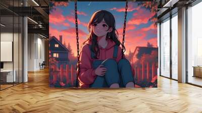 Lofi Anime illustration style young beautiful teenage girl sitting on a swing in her backyard Wall mural