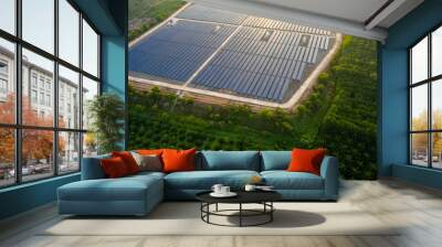 Aerial view of the solar panel farm when the sunrise and the sun shines beautifully. Wall mural