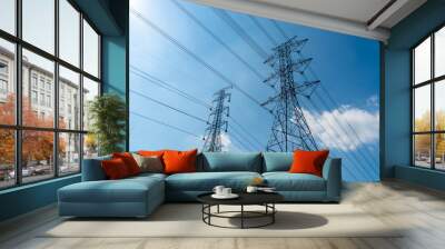 high voltage post.High-voltage tower sky background Wall mural