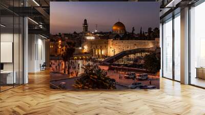 View of the Old City at the Western Wall and Temple Mount in the evening, in Jerusalem, Israel. Night view. Wall mural