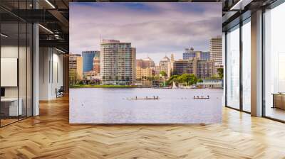 Downtown Oakland as seen from across Lake Merritt on a cloudy spring day, San Francisco bay area, California Wall mural