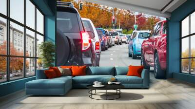 Heavy afternoon traffic in Mountain View, Silicon Valley, California; cars stopped at a traffic light Wall mural