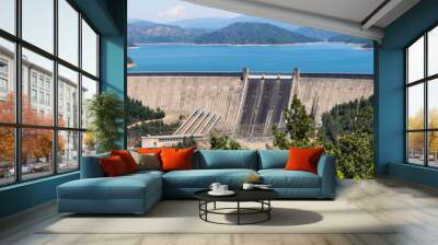 Panoramic view of Shasta Dam on a sunny day, Shasta mountain visible in the background; Northern California Wall mural