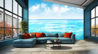 Vector summer ocean background with blue sky with sun, clouds and shiny way on water. Blurred effect bokeh and glitter. Sea horizon view for travel poster, party invitation, resort and hotel website Wall mural