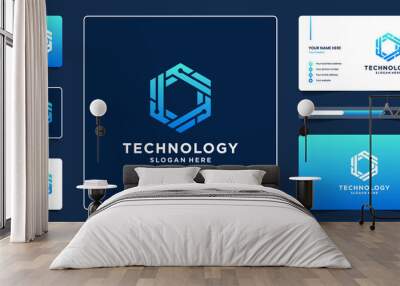 Abstract hexagon geometric technology logo design with dot and circuit symbol Wall mural