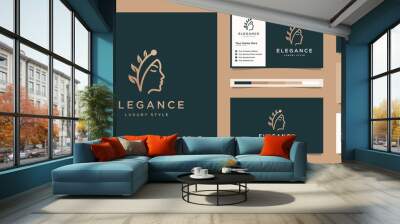 Elegant face woman hair salon gold gradient leaf logo design and business card Wall mural