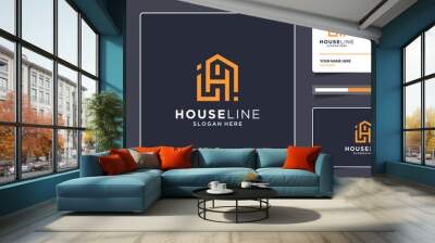 Real estate logo template with business card. Combine House and letter h line logo design minimalist. Wall mural