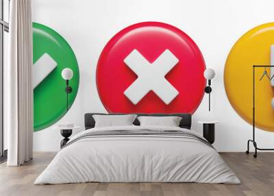 Acceptance, rejection and attention symbols in glossy circles set, 3d buttons. Right, wrong and exclamation check marks three-dimensional rendering vector illustration Wall mural