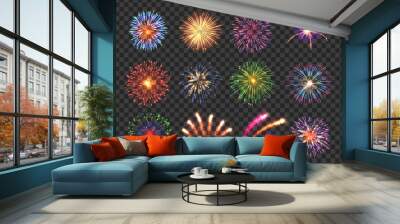 Big set of various fireworks with brightly shining sparks. Colorful pyrotechnics show. Realistic fireworks celebration isolated vector illustration. Beautiful light performance in night sky. Wall mural