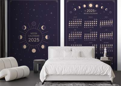 Design template for the full cycle of moon phases for 2025, moonlight activity phases. Astrology, astronomical lunar shadow, full cycle from new to full moon calendar banner, map vector illustration Wall mural