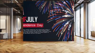 Fourth of July happy independence day horizontal banner. USA day celebration flyer with realistic dazzling display of fireworks. National patriotic and political holiday poster vector illustration. Wall mural