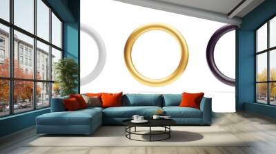 Golden, silver, bronze rings set, 3d accessories, geometric shapes. Front view round shaped metallic objects, decorative design elements realistic vector illustration on white background Wall mural