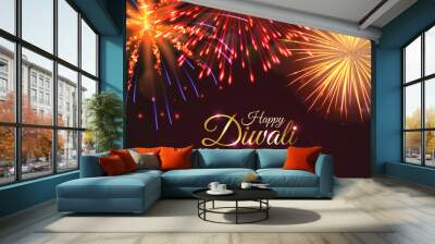 Happy Diwali greeting card with realistic dazzling display of fireworks. Popular festival of hinduism vector illustration. Traditional and spiritual indian holiday congratulation. Wall mural