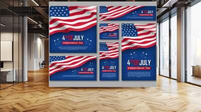 Independence day celebration banners set. 4th of july felicitation greeting cards with waving american national flag on blue background. USA country federal patriotic holiday. Vector illustration Wall mural