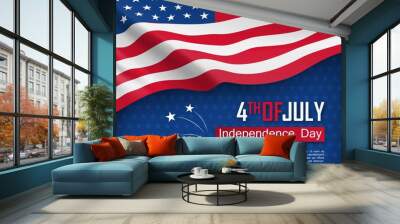 Independence day celebration. Fourth of July felicitation greeting card. Waving american national flag on blue background. United States of America federal patriotic holiday. Vector illustration Wall mural