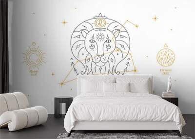 Leo zodiac sign with description of personal features. Astrology horoscope card with zodiac constellation on white background thin line vector illustration Wall mural