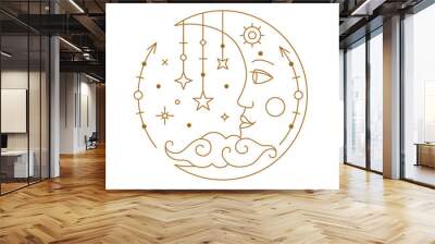 Mystical golden stylized boho chic tattoo crescent with face. Astrology, alchemy, esoteric, tarot, fortune telling and mysticism design element thin line vector illustration on white background Wall mural