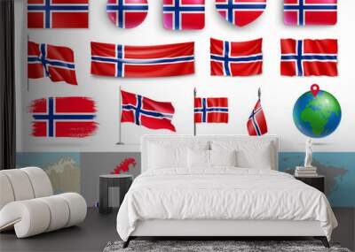 Norway flags of various shapes and geographic map set. Norwegian realistic flags, glossy buttons in patriotic colors, highly detailed map and globe with identification pin vector illustration Wall mural