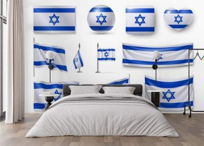 Set Israel flags, banners, banners, symbols, flat icon. Vector illustration of collection of national symbols on various objects and state signs Wall mural