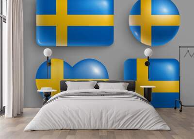 set of glossy buttons with sweden country flag. north europe country national flag shiny badges of g Wall mural