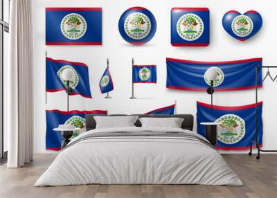 Various flags of Belize independent caribbean country set. Realistic waving national flag on pole, table flag and different shapes badges. Patriotic symbolics for design isolated vector illustration Wall mural