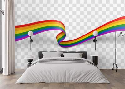 Waving ribbon of LGBT pride isolated on transparent background. LGBTQ colors flag. Love, freedom, support and rights realistic vector illustration. Wall mural