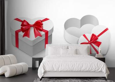 White cardboard gift boxes in love heart shape with sparkling red ribbon bows. Realistic container for chocolate candies vector illustration. Valentines day gift packaging. Romantic and lovely present Wall mural