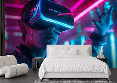  young emotional people on multicolored background in neon light. Concept of human emotions, facial expression, sales. Smiling, playing videogames with VR-headset, modern Wall mural