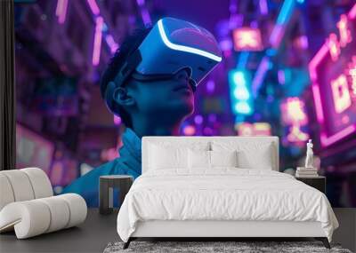  young emotional people on multicolored background in neon light. Concept of human emotions, facial expression, sales. Smiling, playing videogames with VR-headset, modern Wall mural