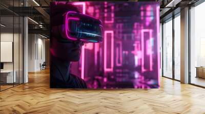  young emotional people on multicolored background in neon light. Concept of human emotions, facial expression, sales. Smiling, playing videogames with VR-headset, modern Wall mural