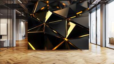 3d render, abstract black crystal background with gold line, faceted texture, macro panorama, wide panoramic polygonal wallpaper Wall mural