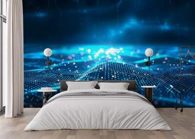 Abstract Blue Digital Landscape with Glowing Particles Wall mural