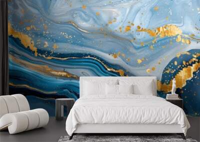 Abstract blue marble texture with gold splashes, blue luxury background Wall mural