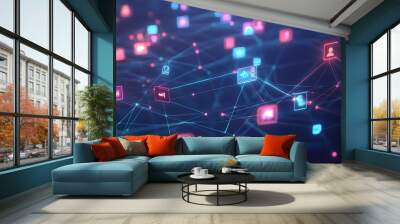 Abstract Network with Glowing Icons and Lines Wall mural