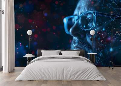 Big data and artificial intelligence concept. Machine learning and cyber mind domination concept in form of women face on dark blue technology background, 3d illustration Wall mural