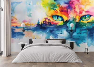 double exposure cat with colorful watercolor  Wall mural