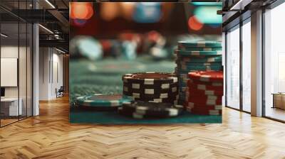 gambling chips in the casino fly and fall on the table with money in the rays of light Wall mural