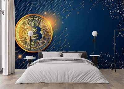 golden bitcoin on dark blue background Wall mural