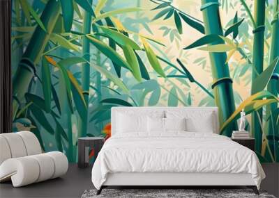 Green bamboo stems on blurred background Wall mural