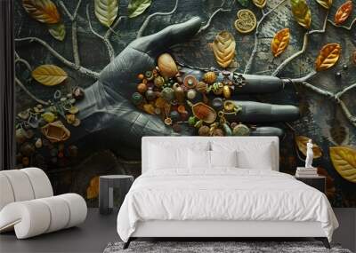 Hand Holding Colorful Objects with Fallen Leaves and Twigs Wall mural