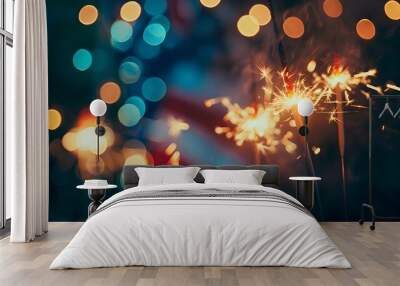 Happy child with sparkler celebrating the 4th of July, Independence Day, Memorial Day. Wall mural