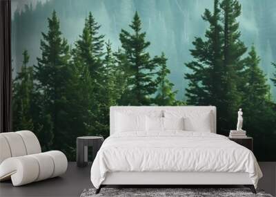 Healthy green trees in a forest of old spruce, fir and pine Wall mural