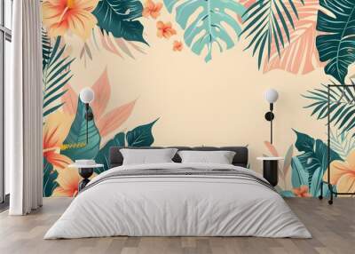 Modern tropical background. Jungle plants nature backdrop. Summer palm leaves wallpaper. Wall mural