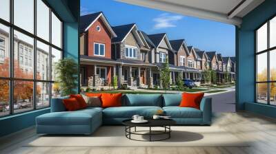 Row of Modern Suburban Houses with Green Lawns and a Paved Street Wall mural