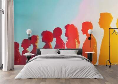 Silhouettes of Diverse Individuals Standing in a Line Facing the Horizon Wall mural