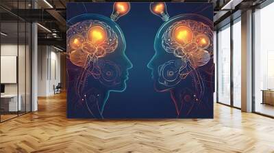 Two Silhouettes With Brains Illuminated By Light Bulbs Wall mural