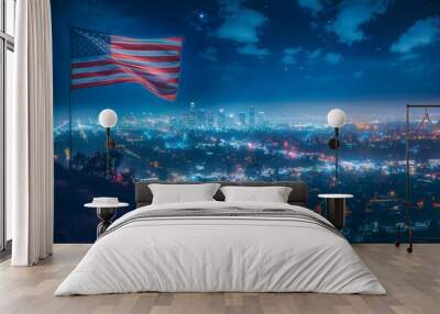 USA flag with night city background Wall mural